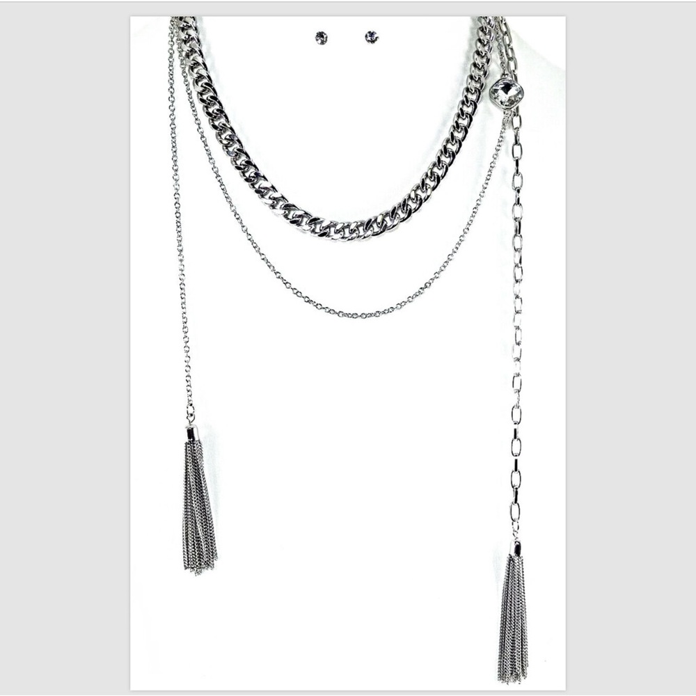 Necklace Earrings Crystal Women's Silver Tassel Chain Multi Layered 18"-21"L